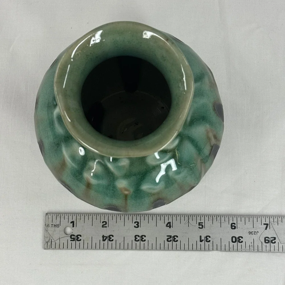 Vintage Studio Pottery Drip Glaze Vase‎ Green Brown Textured Scalloped Rim 5.5